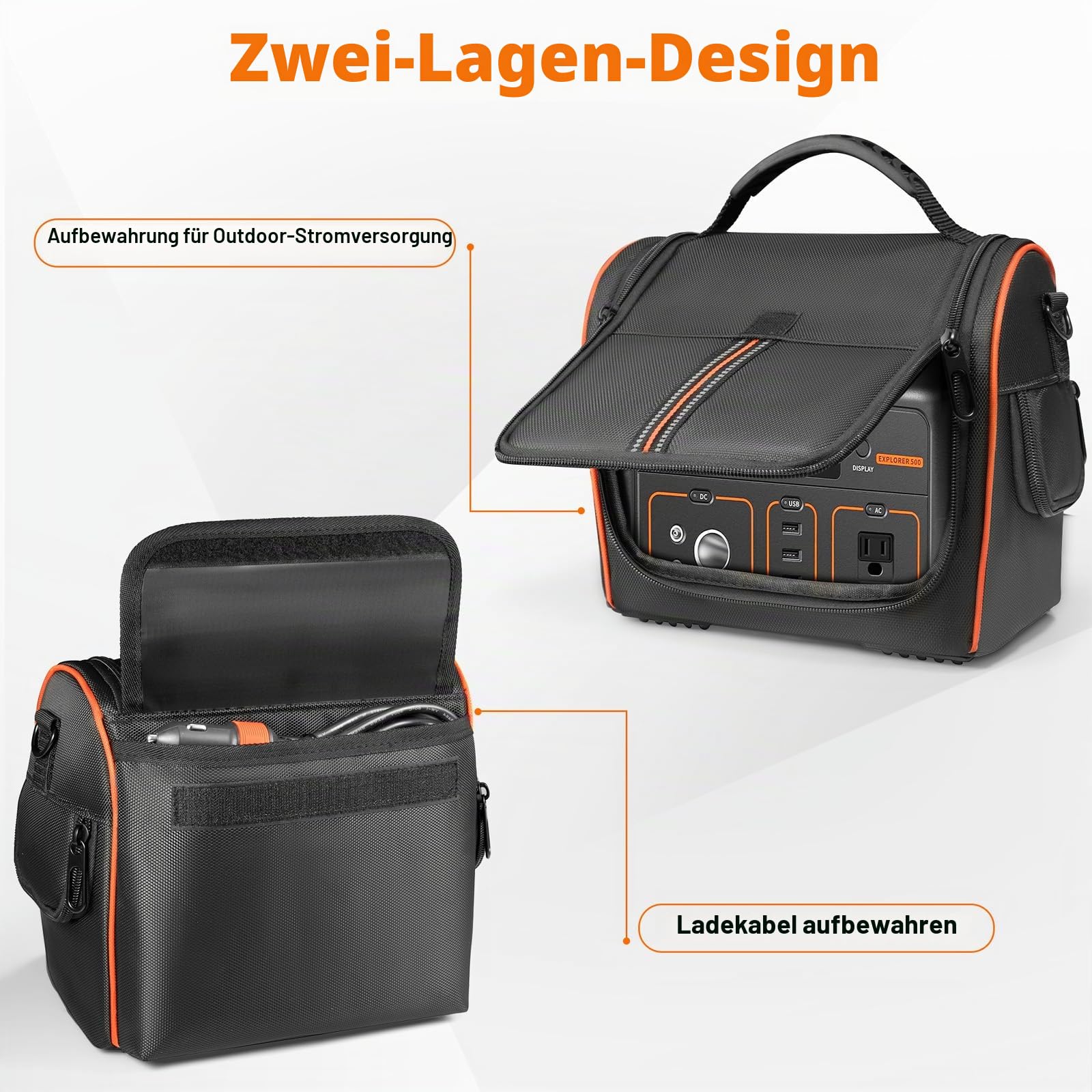 Tragetasche kompatibel mit Jackery Explorer 500 tragbarer Powerstation, Outdoor-Reise-Aufbewahrungstasche mit Schultergurt, Reißverschluss-Fenstertaschen für Generator, Ladekabel und Zubehör
