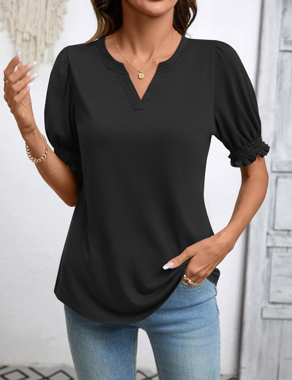 Rapbin Women's Puff Short Sleeve T Shirts V Neck Summer Tops Casual Fashion Blouses - Image 2