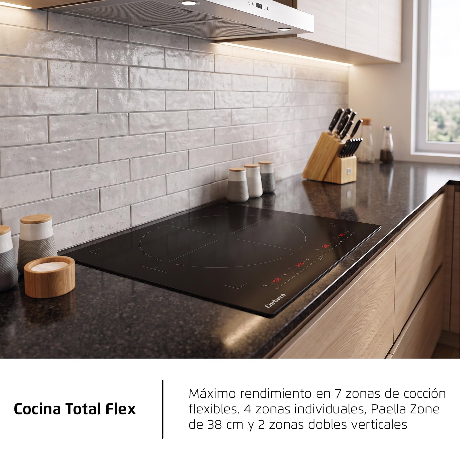 Corberó - Piastra a induzione Total Flex | CCIM974EXTRA | 7400 W | 9 livelli di potenza | 7 zone flessibili | Zona paella 38 cm | Controllo touch con slider | Timer 8 ore | Nero