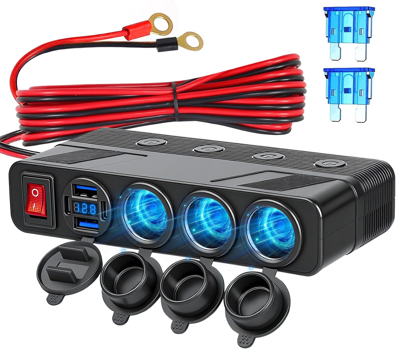 7 in 1 Cigarette Lighter Socket Splitter, 3 Socket Car Charger Adapter with 4 Ports PD66W/QC18W USB Outlet | Independent Switches | Digital Voltmeter, 12V/24V Power Outlet for All Car Devices