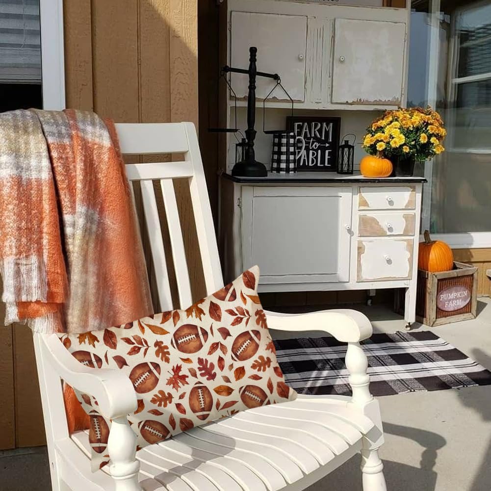 RABUSOFA Fall Football Outdoor Pillow Covers 12x20 Waterproof,Maple Leaves Autumn Lumbar Cushion Case Decoration for Home Sofa Couch Indoor (Brown, 20" x 12")