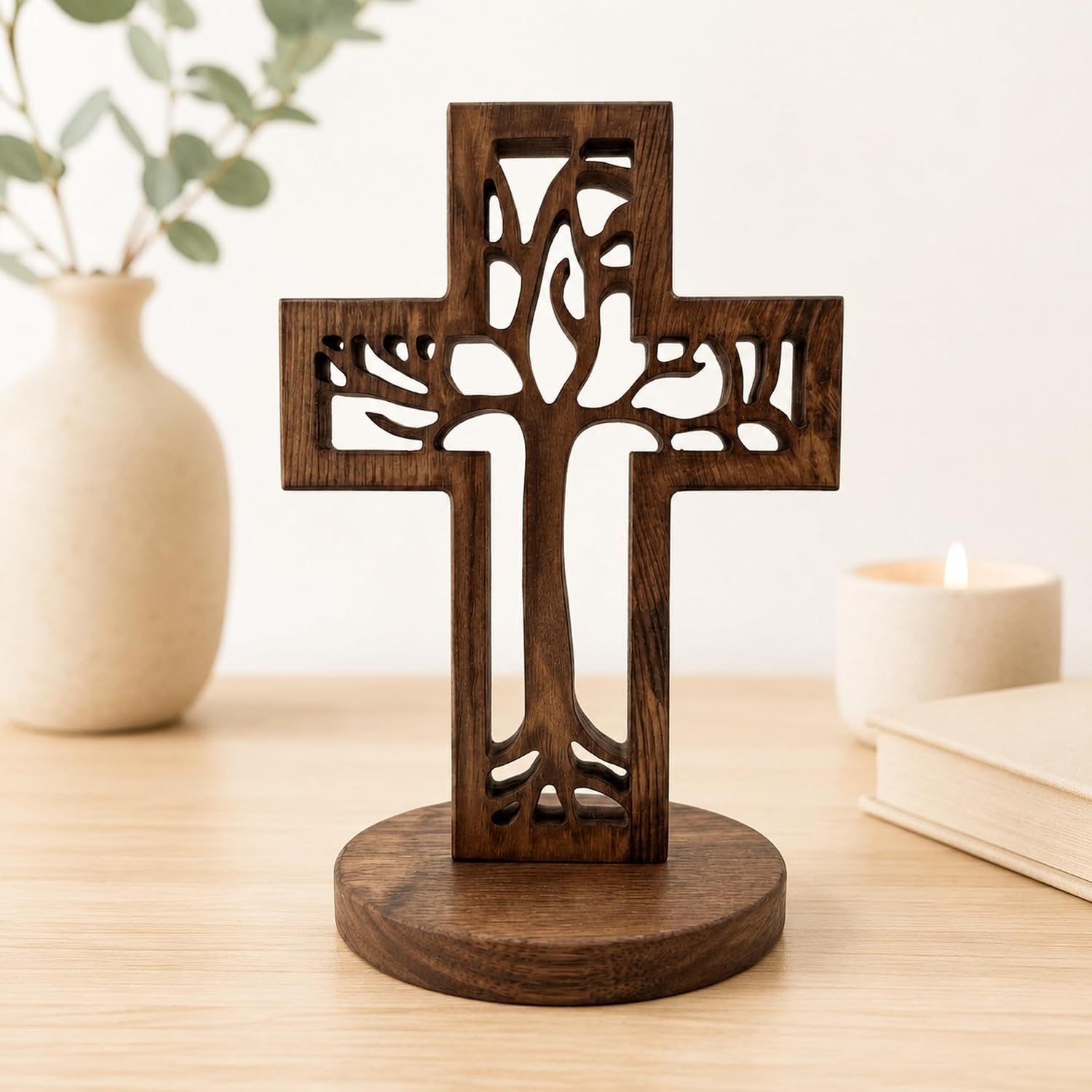Tree of Life Wooden Cross Decor 8inch Carved Christian Cross Freestanding or Wall Hanging with Attached Stand for Tabletop Display, Rustic Solid Pine Religious Gift for Vintage Retro Home Living Room