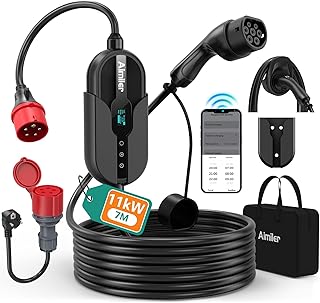 Wallbox 11kW mit App, 400V (8-16A) 3 phasig 7,6M Mobile Ladestation CEE Typ 2 Ladekabel IP66 OLED EV Ladegerät Portabel/Wandmontage für Model Y/3, ID.3/4/5, MG4,Zoe und andere PHEV/EV