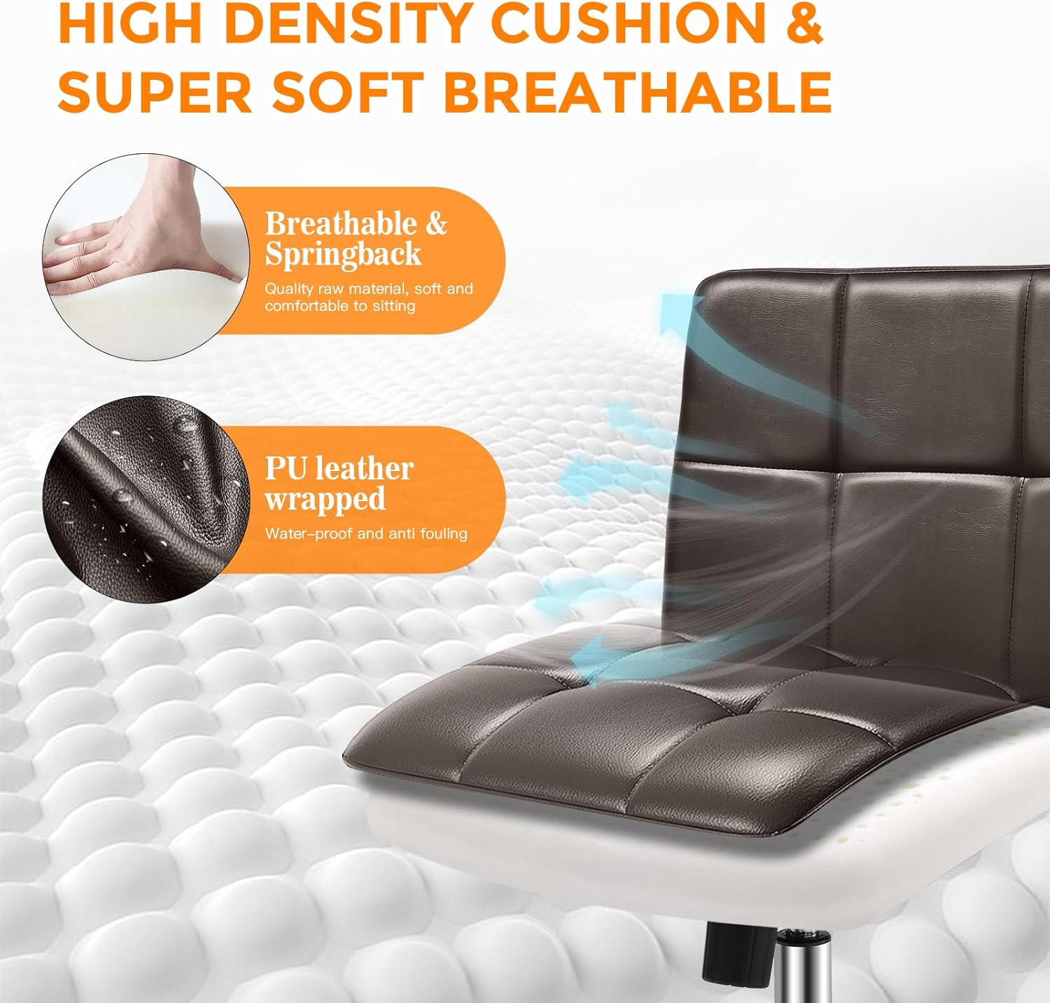 360° Office Desk Chair,PU Adjustable Rolling Task Chair with Backrest for Barber,Office,Home, Computer,360° Swivel,Armless，desk chair without arms，office chair 400+ lb weight capacity(Widened Brown)