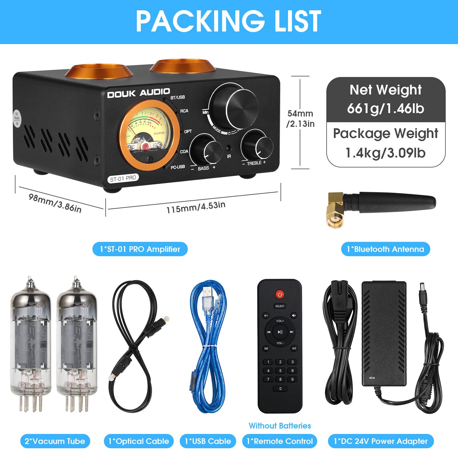 Douk Audio ST-01 PRO, amplificatore HiFi, 200W mini amplificatore a valvole con Bluetooth 5.0, misuratore VU, USB DAC, ingresso coassiale/ottico (ST-01PRO)