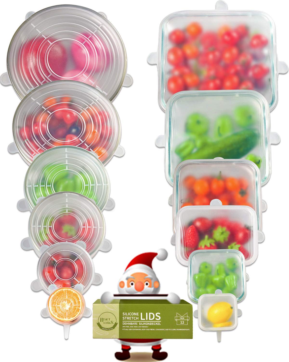 Beautlohas. 6 Rounds + 6 Square Stretchy Silicone Lids, Pack Of 12 Silicone Lids, Stretchy & Reusable In Various Sizes, Fresh Lid Stretch Lid For Bowls, Cups, Cans, Fruit (6 Rounds + 6 Square)
