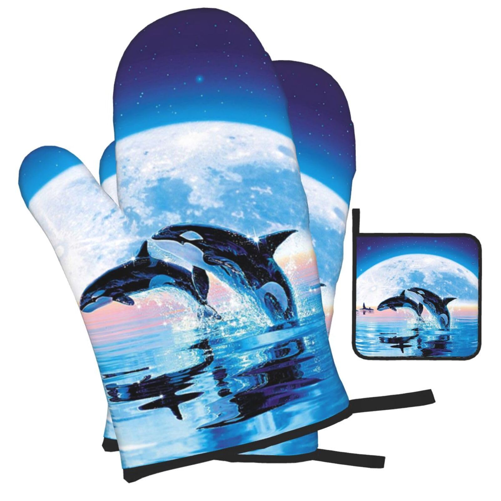 Whales Jump Printed Oven Mitts and Pot Holders Heat Resistant Set of 3 Pcs, Modern Kitchen Gloves & Potholders for Cooking Baking Grilling