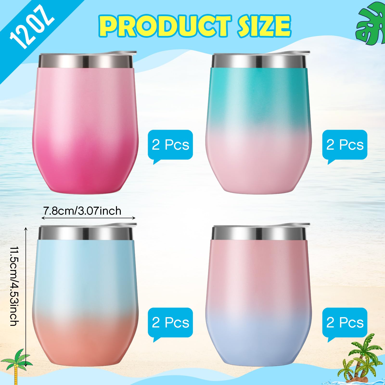 Baderke Weingläser mit Deckel, 340 ml, Edelstahl, Weingläser für Damen, wiederverwendbar, doppellagig, Reisebecher für Kaffee, Cocktails, Getränke, Farbverlauf, mehrfarbig, 8 Stück