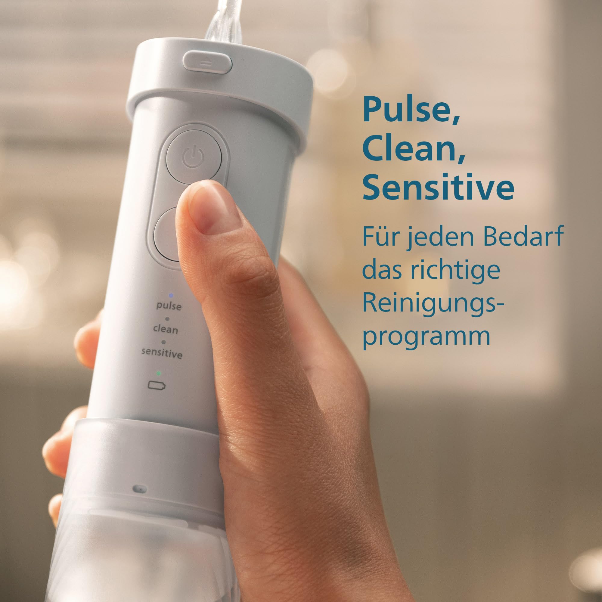 Philips Sonicare Compact Flosser 1000, tragbare Munddusche mit 3 Reinigungsprogrammen, IPX7 wasserdicht, reisefreundlich, Blau, Modell HX3333/24