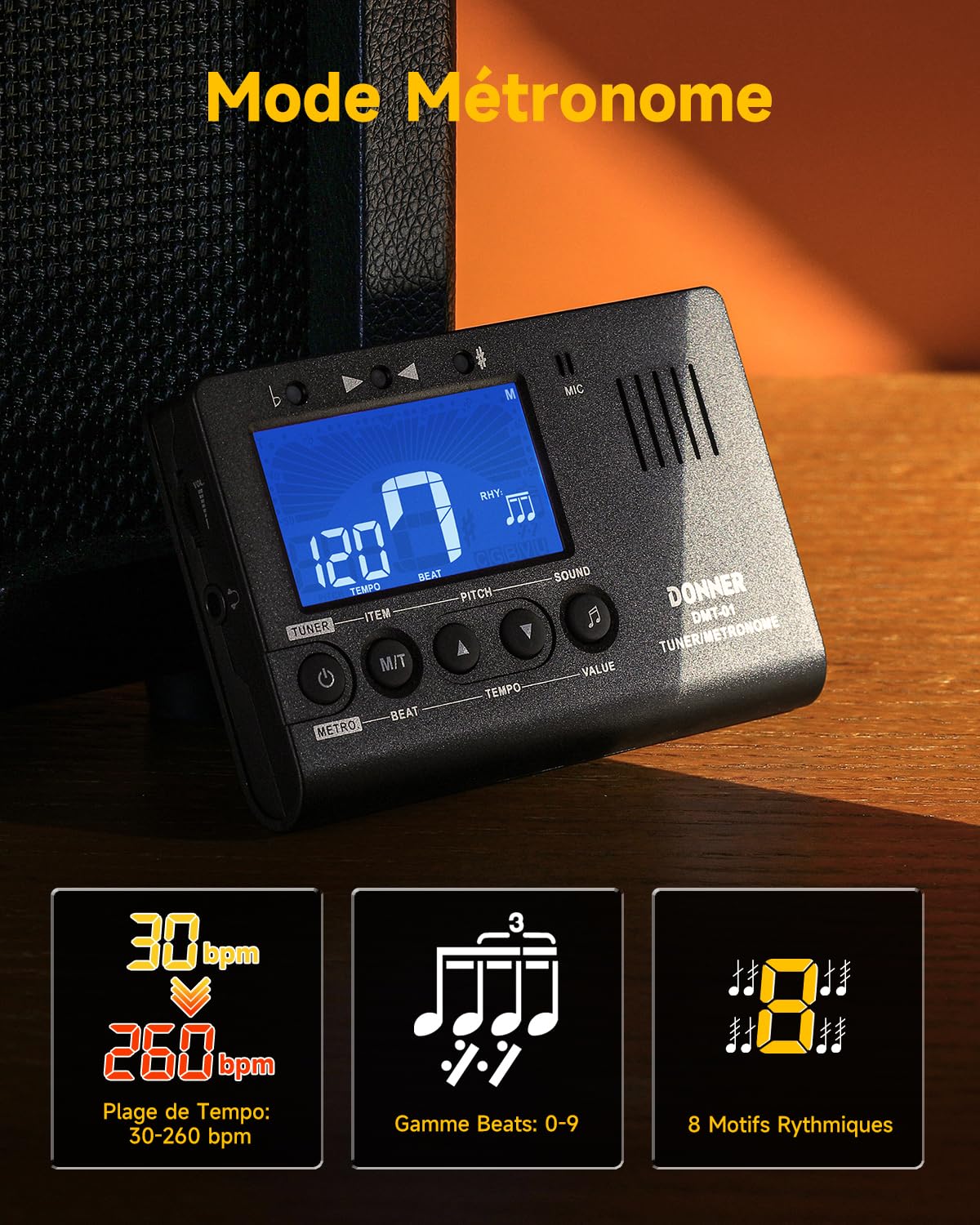 Donner 3 en 1 Accordeur de Guitare Métronome electronique et Générateur de Son avec écran LCD pour Instruments Chromatiques, Guitare, Basse, Ukulélé, Violon, Piano, trompette (DMT-01)