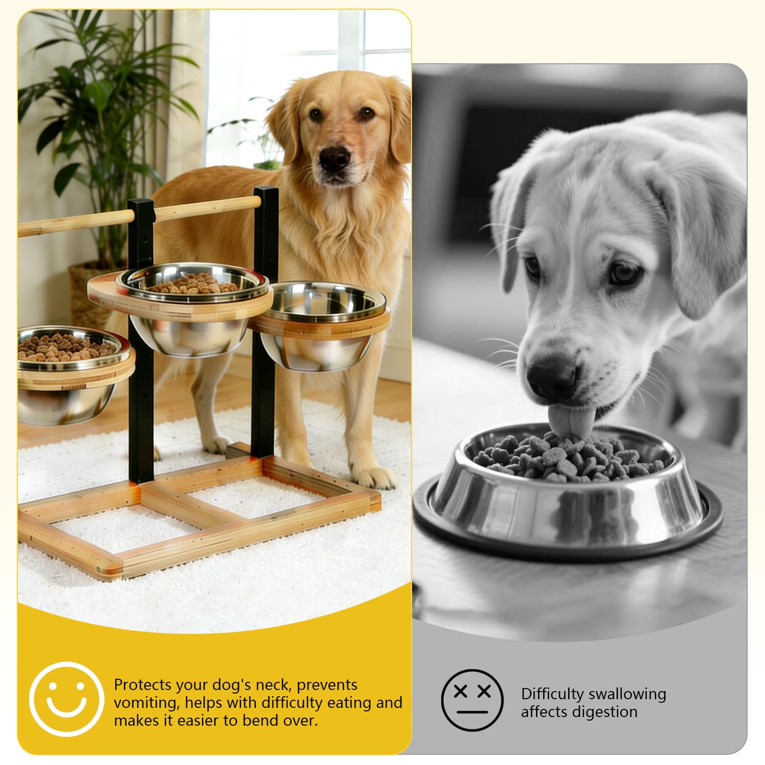 Comedero para perros elevado para perros, altura ajustable de madera, comedero para perros con 3 cuencos de acero inoxidable y alfombrilla a prueba de fugas, comedero mediano para perros grandes