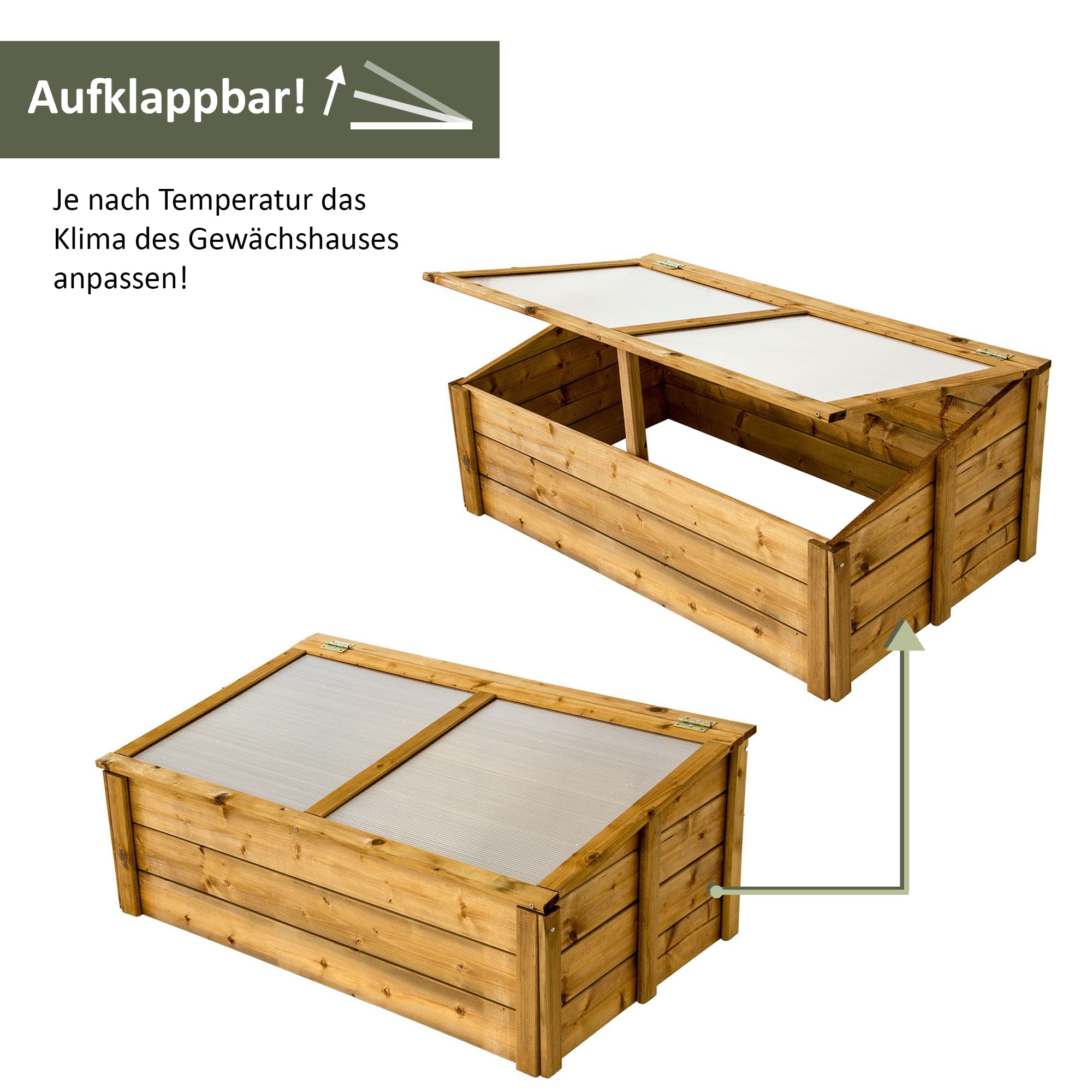 NATIV Frühbeet 100x60 cm | Frühbeetkasten mit Polycarbonatplatten | Frühbeet Aufsatz auch für Hochbeete geeignet | Mini Gewächshaus | teilweise vormontiertes Kräuterbeet (braun)
