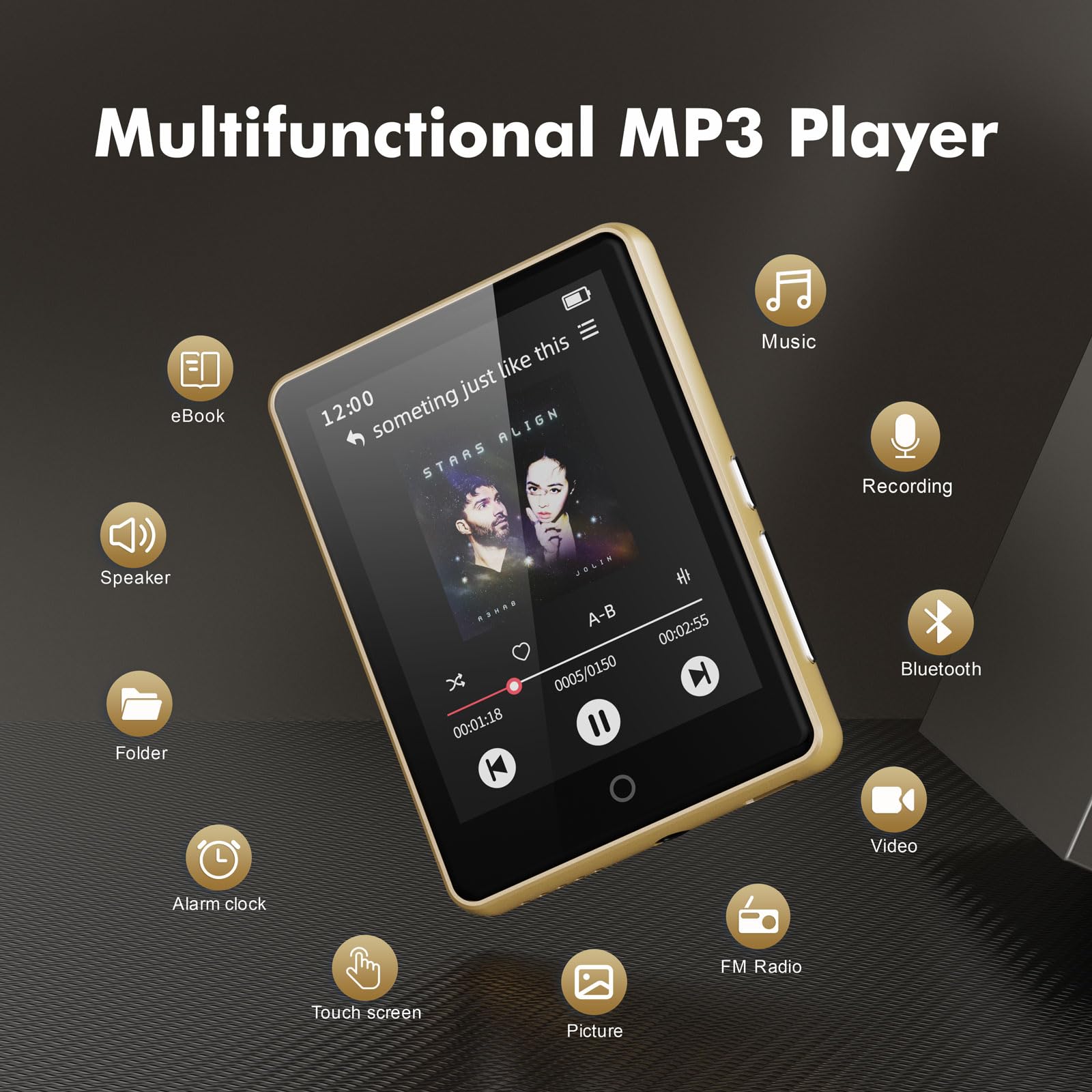 Lecteur MP3 Bluetooth 5.3 64Go 2.8" Écran HiFi Audio MP4 Baladeur Sport Radio FM Podomètre Enregistreur Carte 128Go Or