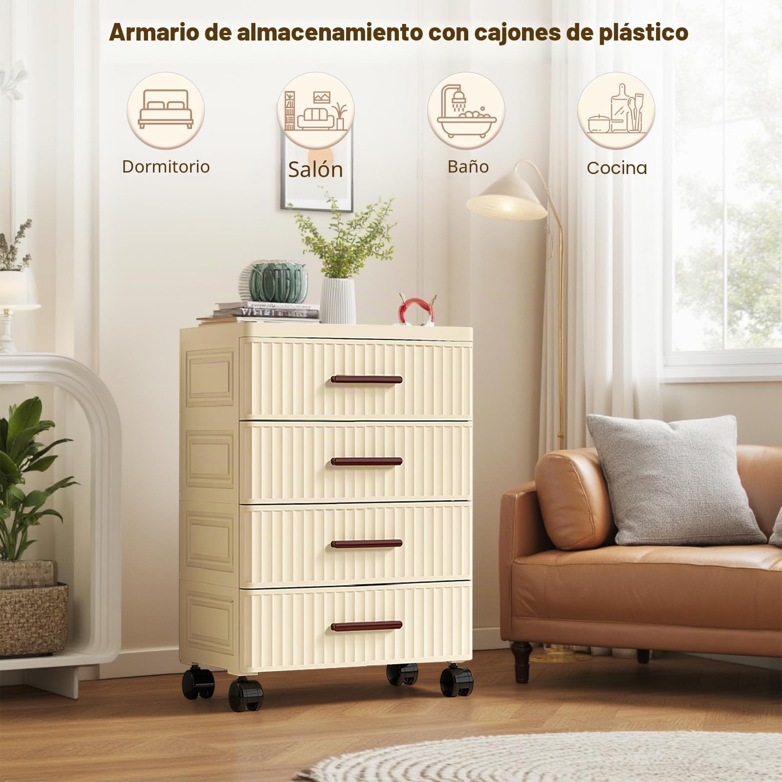 Cajonera de plástico con ruedas, 4 niveles, armario de cajones móvil, para dormitorio, para salón, oficina, hogar, 48 x 30 x 69,5 cm