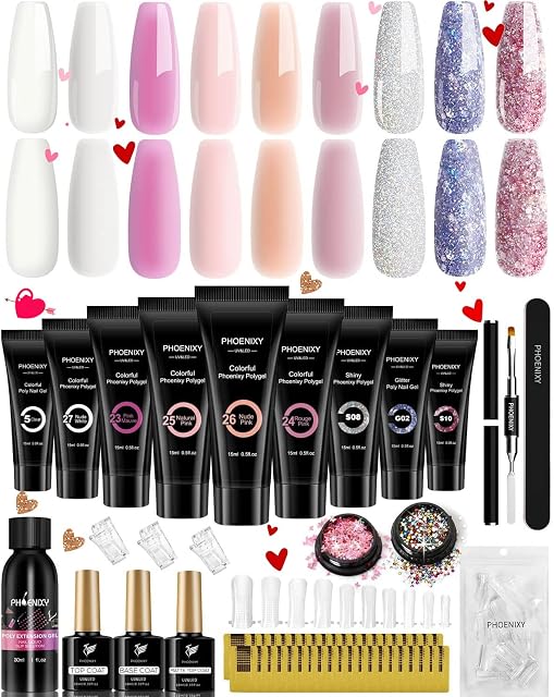 Poly Nail Gel Kit, Phoenixy 15ml 9 Colours Poly Nail Extension Gel Set Builder Enhancement Starter Kit with Slip Solution Basic Manicure Tools Gifts for Women