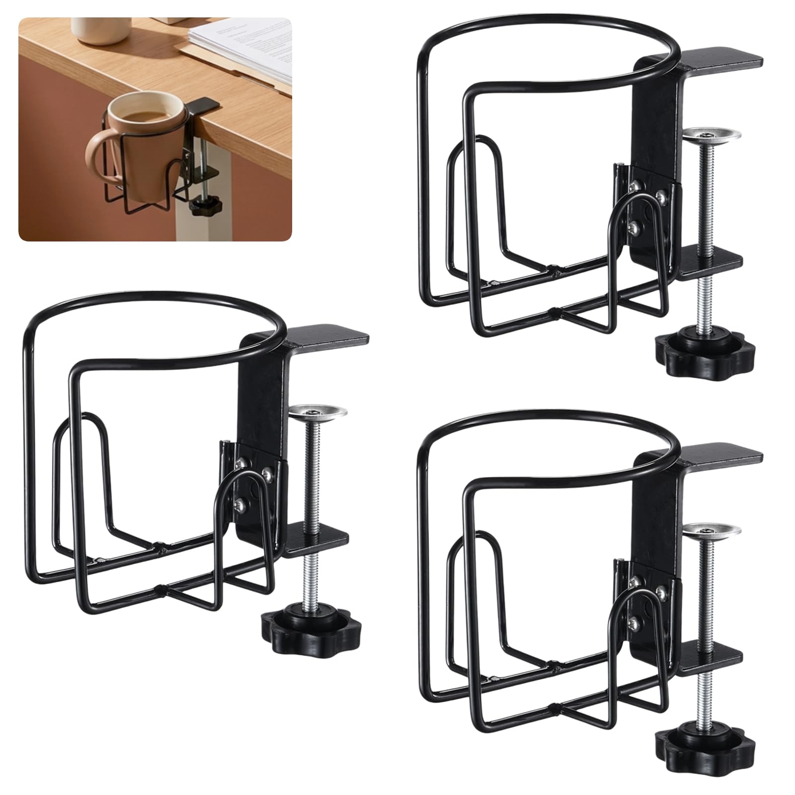 3 Stk. Getränkehalter für Schreibtisch, Klemmhalter für Tassen, Becher und Flaschen, verstellbar für Tisch, Rollstuhl und Arbeitsplatte, mit seitlicher Öffnung, horizontal/vertikal montierbar