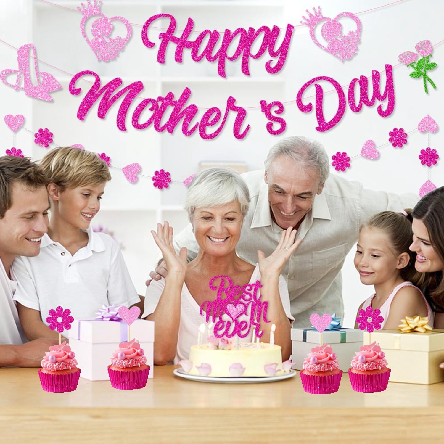 Mother's Day Party Supplies,Ompinda Hanging Happy Mother's Day Banner Set with Cake Toppers Mothers Day Party Decoration for Mother's Day Party
