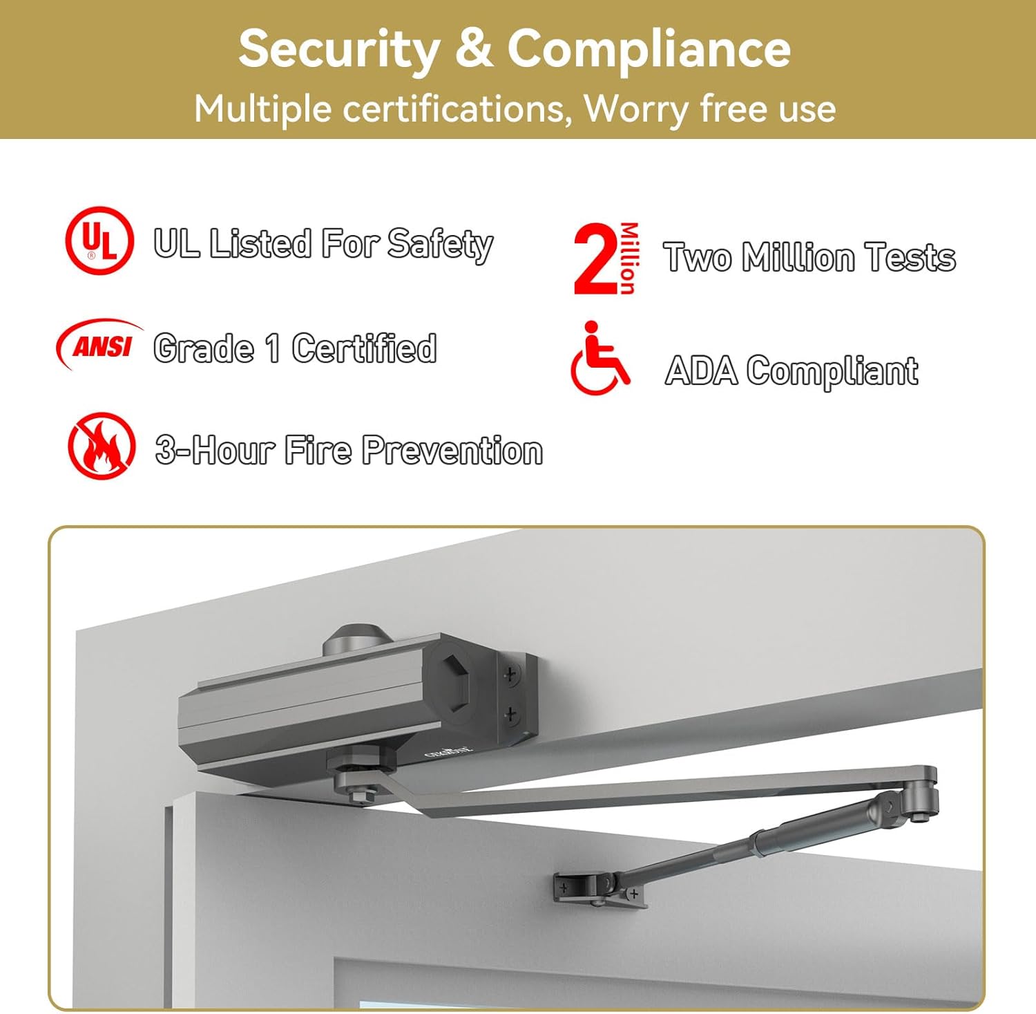 Automatic Door Closer Heavy Duty Fire Prevention Spring Hydraulic Aluminum Alloy Surface Mounted Residential Commerical Door Closer (Black, Size1-Door Weights 55-99 Lbs)