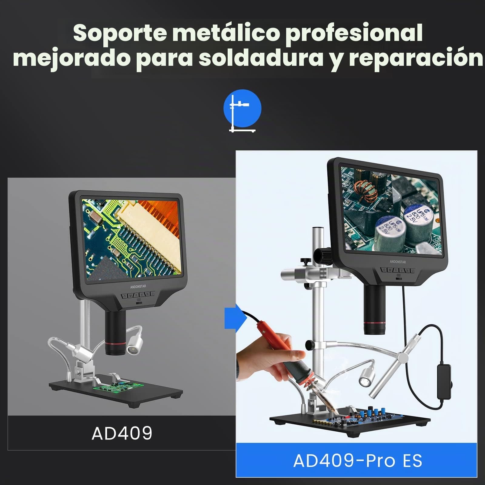 Andonstar Microscopio digital HDMI AD409 Pro con endoscopio, microscopio de soldadura de pantalla LCD de 10,1 pulgadas, cámara de microscopio electrónico USB 300X para soldadura de PCB, colección de …