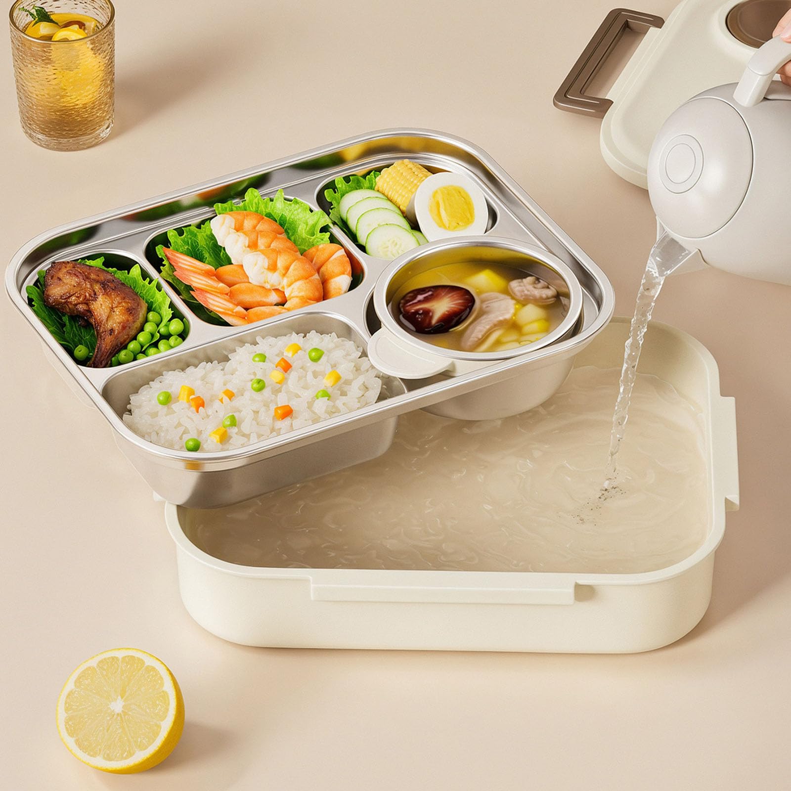 PANGBOER Térmica de Gran Capacidad con Tazón de Sopa y Cubiertos Contenedor de Alimentos de Doble Capa de Acero Inoxidable de 5 Compartimentos para Oficinas Escuela Picnic Caja de Preparación de