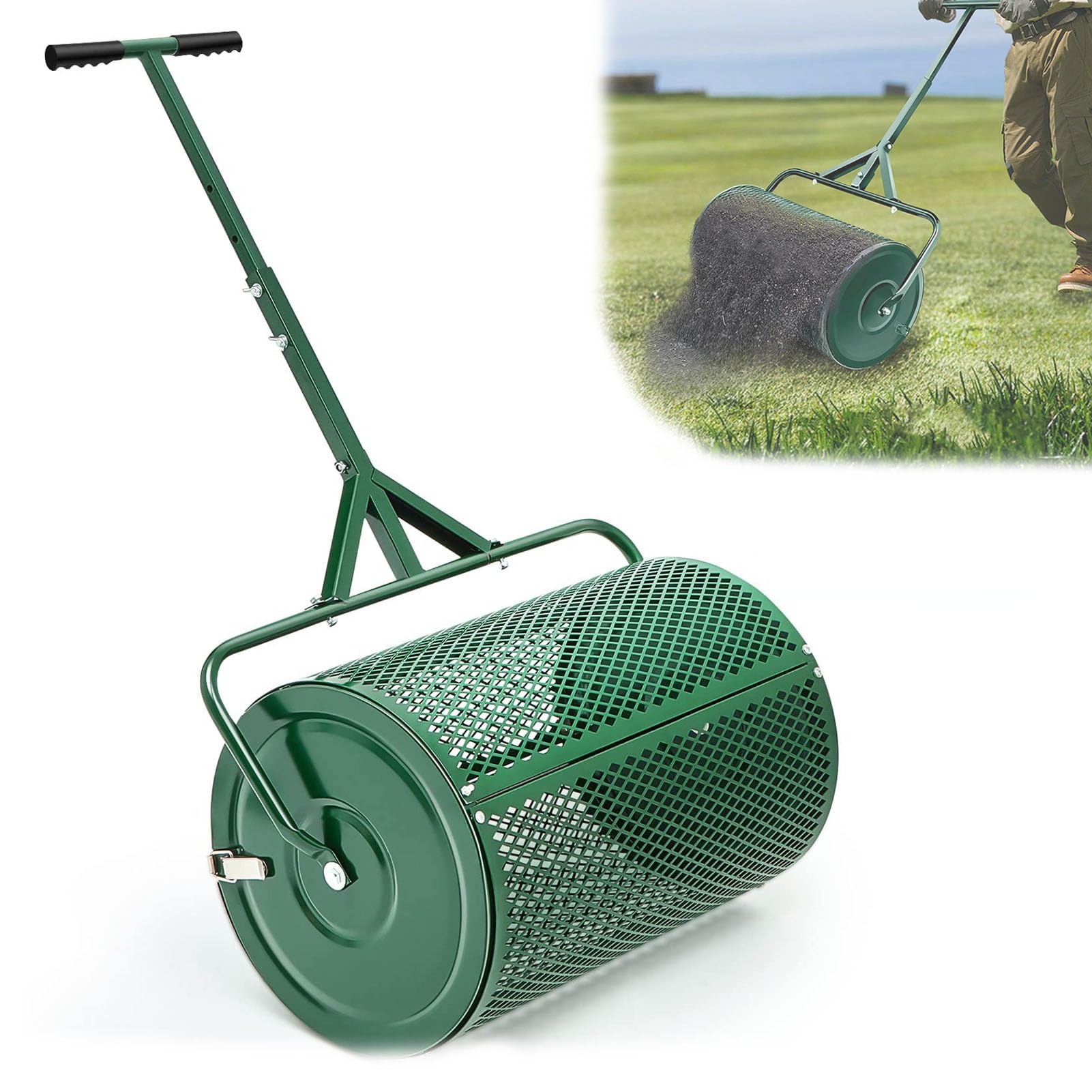 Esparcidor de abono de 61 cm con mango ajustable en forma de T para césped y jardín, estiércol y tierra vegetal, herramienta eficiente de patio para una fácil aplicación