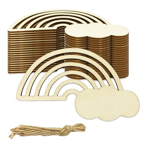 30 Pieces Rainbow Wood DIY Crafts Unfinished Wooden Cutouts Wood