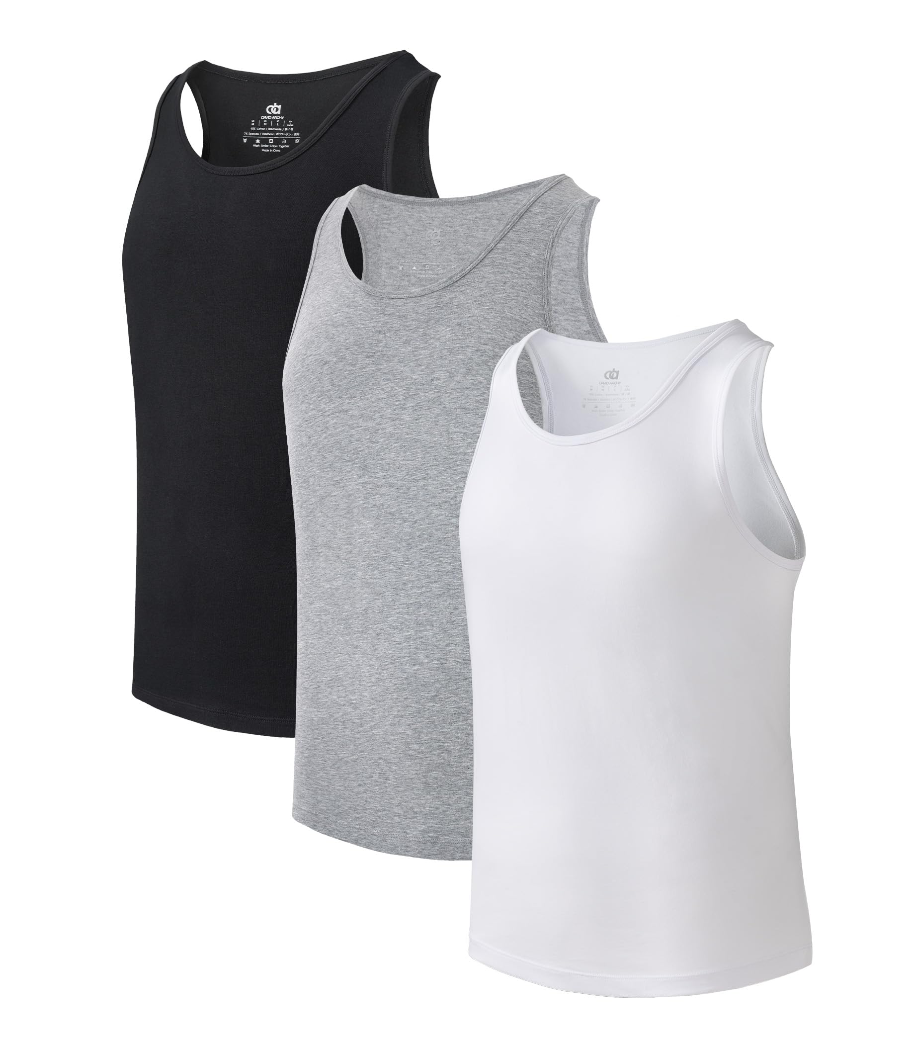 DAVID ARCHY Men's Undershirts Combed Cotton Tank Tops Soft Moisture-Wicking Shirt Breathable A-Shirt for Men 3 Pack
