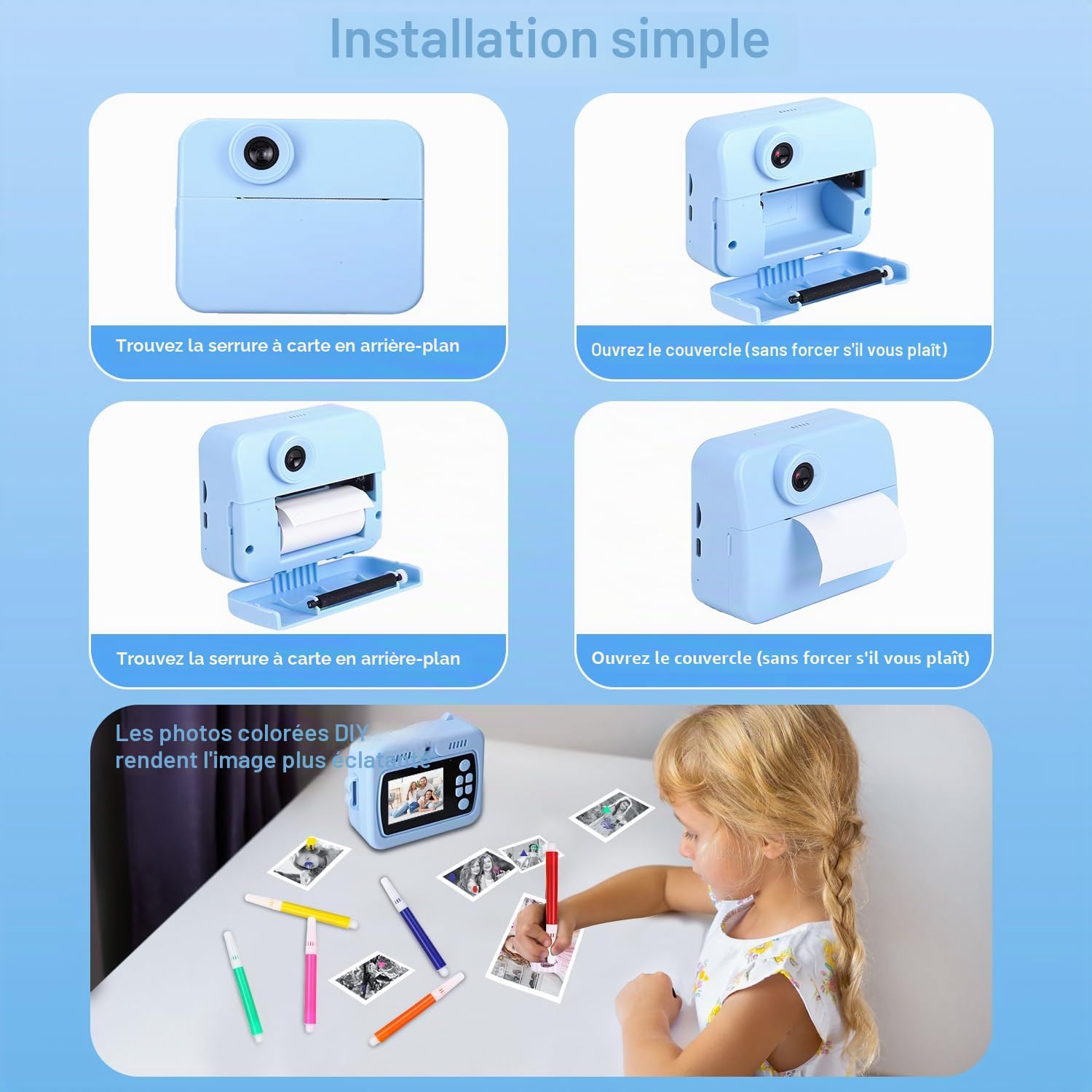Appareil Photo Instantané Enfants, 2,4" Écran 1080P HD Vidéo Selfie Caméra Enfant, 48MP, 32GB Carte & Papier d'impression, Appareil Photo Numérique pour 3-14 Ans Filles Garçons de Noël Anniversaire