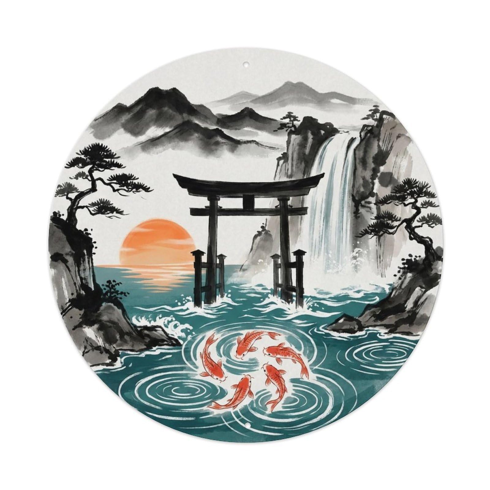 Koi Garden Temple Waterfall Pond Water Lantern Vintage Metal Tin Sign Plaque Wall Decor for Cafe, Man Cave, Club Bar, Office, Home Garden Round Metal Poster 8x8Inch