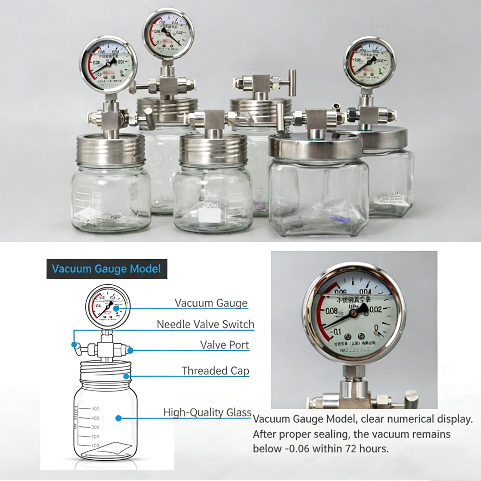 Cámara de vacío, tanque de almacenamiento de desgasificación con medidor de vacío, ideal para conservación de muestras de laboratorio y almacenamiento de muestras químicas/biológicas, 250 ml/500 ml