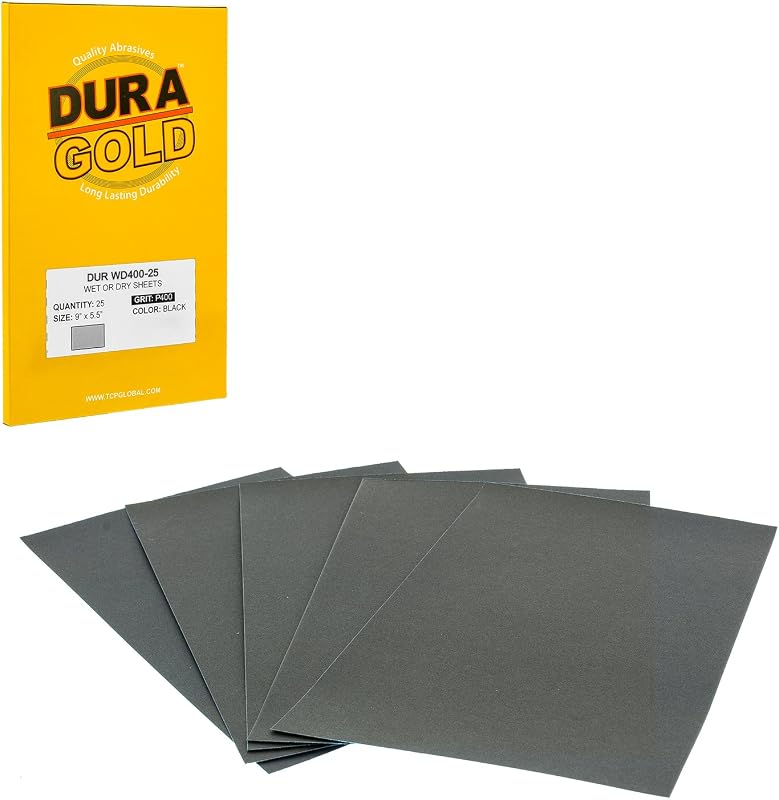 Dura-Gold Premium Hojas de papel de lija seco o húmedo de grano 400, 5-1/2" x 9", caja de 25 - Lijado de corte fino, detalles, pulido automotriz, muebles de madera para carpintería, acabado de metal, lijadora de bloque de arena manual