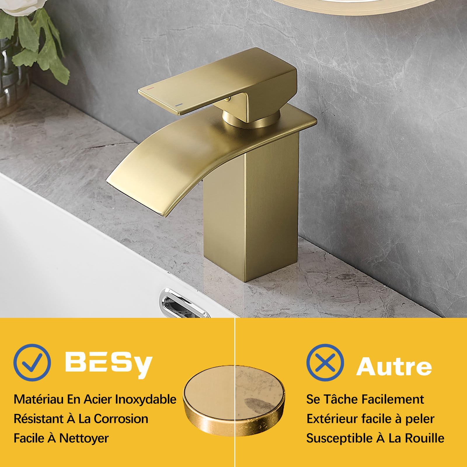 BESy Bec Cascade Robinet Salle de Bains, Mitigeur Lavabo à Une Poignée, Robinet Lavabo RV, Acier Inoxydable, Finition Dorée Brossée