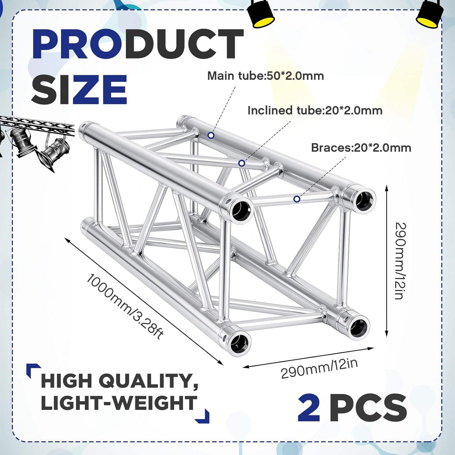 Tandefio 2 Pack Aluminum DJ Light Stands Stage Truss Segment 12" x 12" Straight Square DJ Lighting Stand Trussing Stage with 8 couplers, 500 Pounds Load Capacity (3.28 ft)