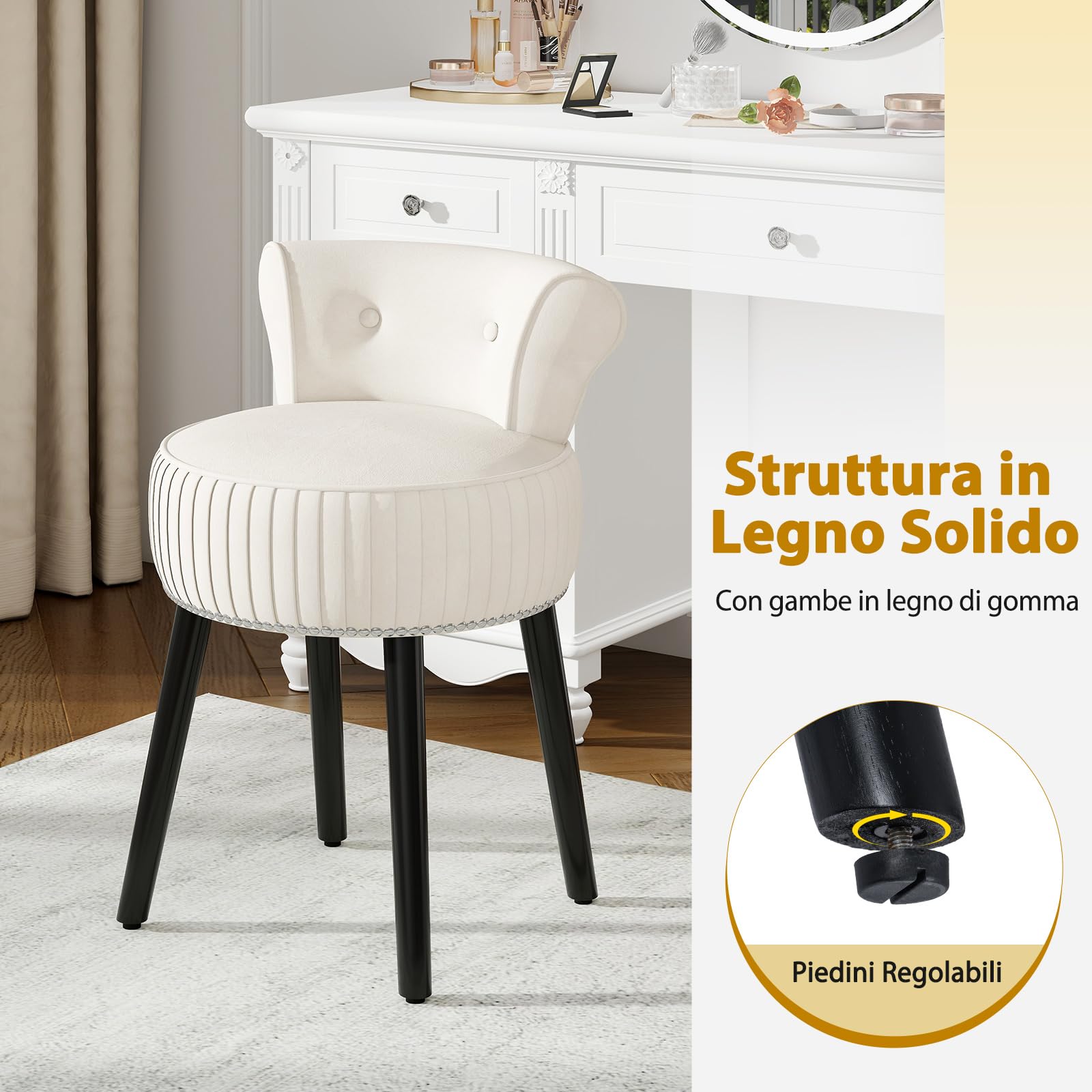 COSTWAY Poltrona da Trucco in Velluto, Sgabello Soggiorno con Gambe in Legno Massello, Sedia d’Accent per Camera da Letto, Soggiorno, Portata 110 kg (Bianco)