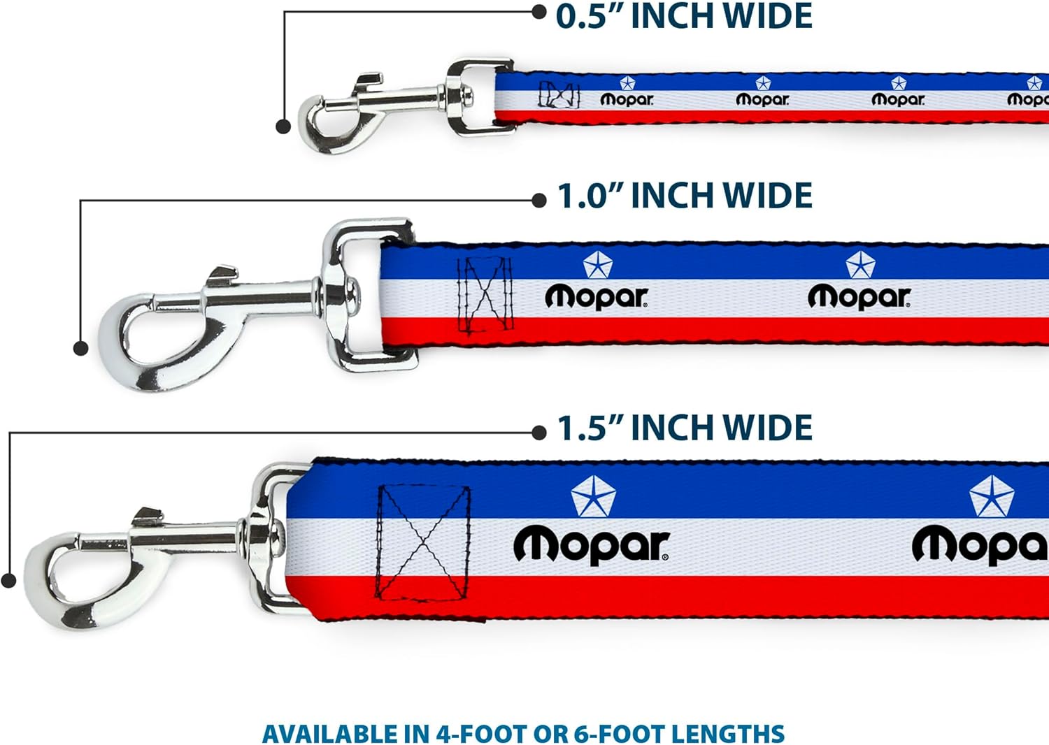 Mopar Pet Leash, Dog Leash, Mopar Logo Stripe Blue White Red, 6 Feet Long 1.5 Inch Wide