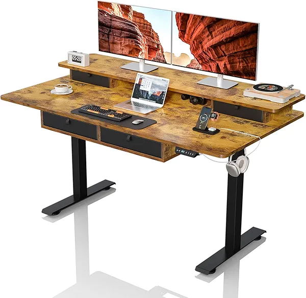Electric Standing Desk with Drawers & USB Charging Port, 63''x 30''Adjustable Height Sit Stand Up Widened Desktop Desk, Computer Office Desks with Storage for Home Workstation, 3 Memory Height Preset