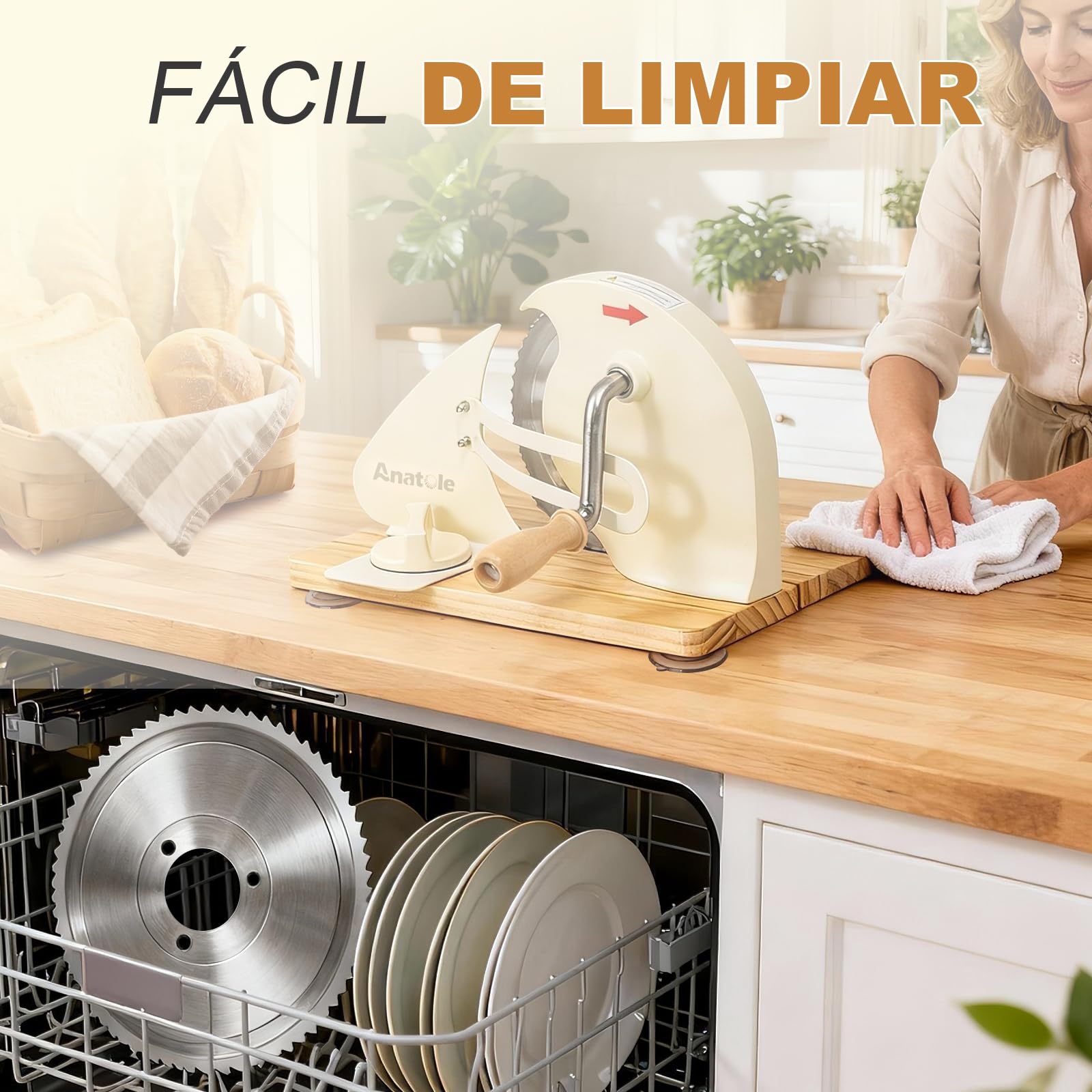 Anatole Cortadora de Pan Manual Plegable 0-20mm Ajustable Rebanadora Acero Inox Profesional con Manivela Guía Metálica Extraíble Escala Grabada