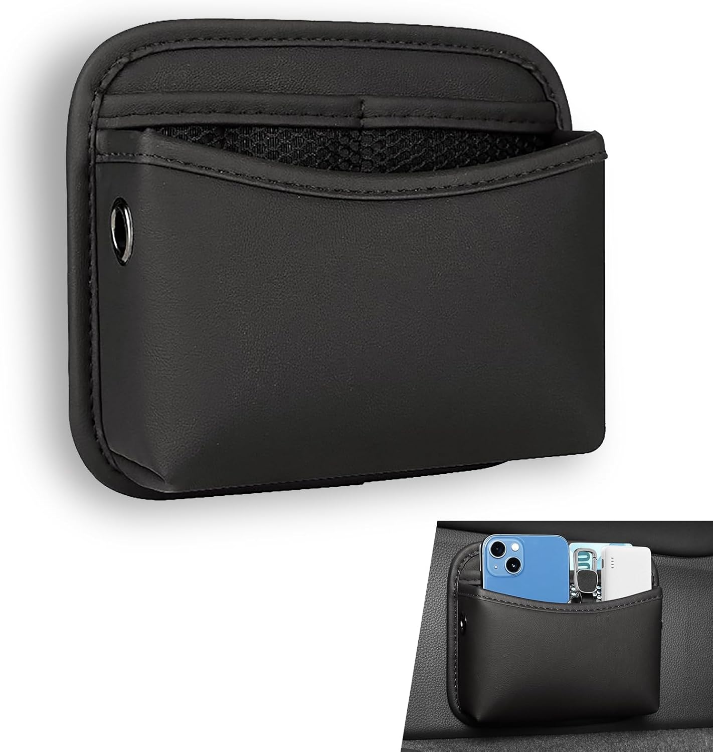 1 PC Car Seat Side Storage Bag, 6.1" x 7.28" Multi-Function Organizer, PU Leather Stick-On Center Console Storage Bag, Universal for Most Cars (Black)