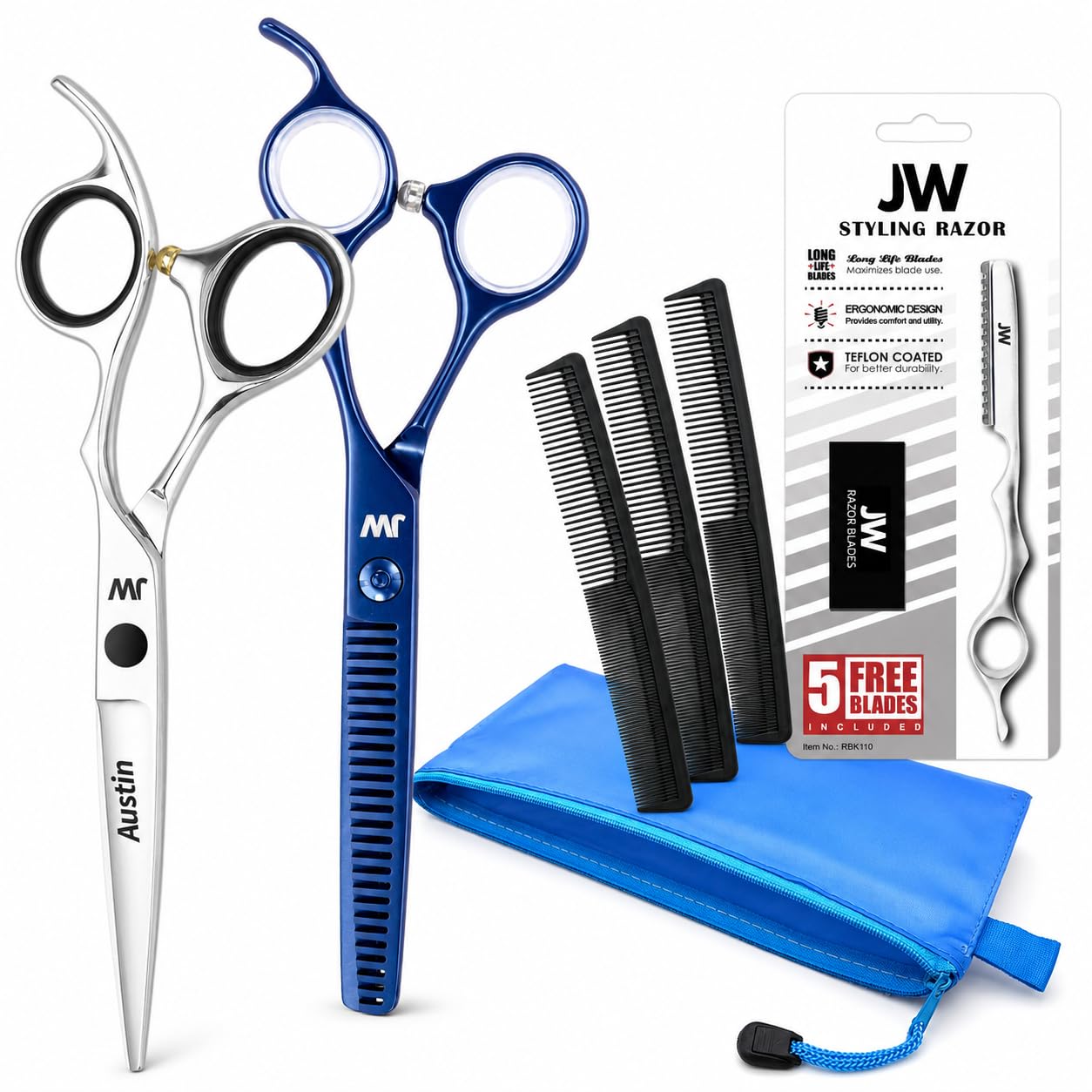 jw crx professional hair cutting scissors & thinning shear set with carbon comb set - razor edge series (6.0")