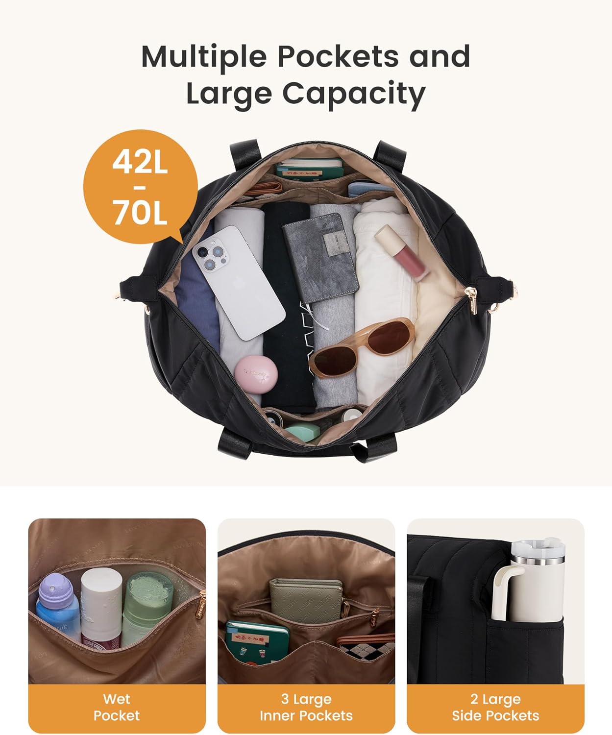 LOVEVOOK Travel Duffle Bag,Puffer Weekender Bags For Women with Shoe Compartment,42L Carry On Duffel Overnight Bags For Airplanes,Hospital Bag for Labor and Delivery,3Pcs Set - Image 4