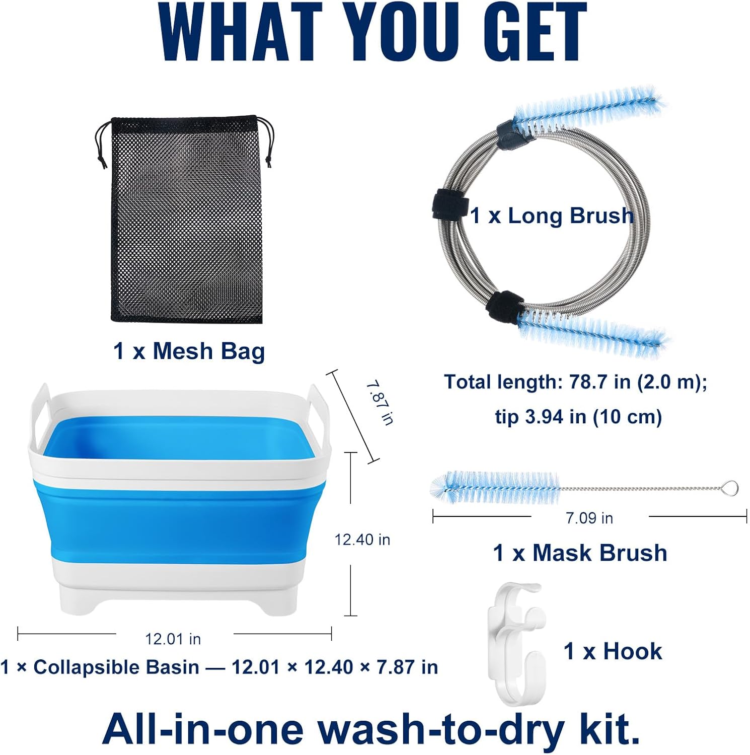 CPAP Cleaning Kit with Collapsible Wash Basin (2.4 Gal / 9 L), Long Hose Brush & Mask Brush, Drying Hook, Mesh Storage Bag; Fits 22 mm Standard & 15 mm Slim Tubes (Basic)