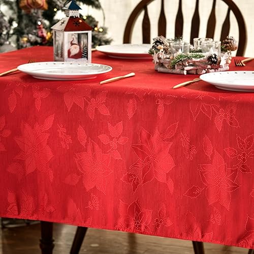 Miniatura 4 de Horaldaily Mantel redondo de Navidad de 70 x 70 pulgadas, tela jacquard rojo de flor de pascua, mantel lavable para fiesta, picnic, decoración de