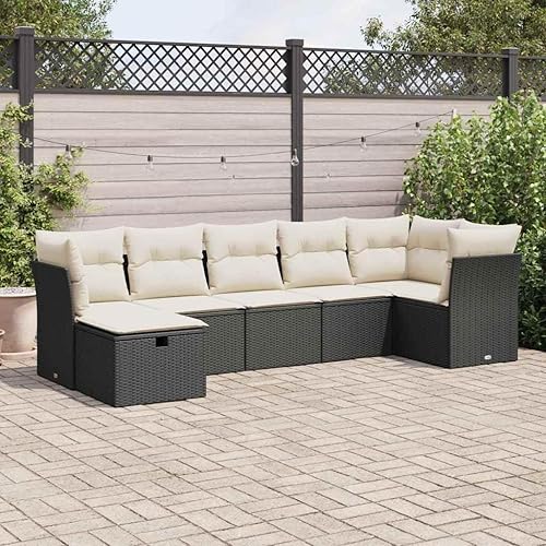 7 Piece Garden Sofa Set Black PE Rattan with Powder-Coated Steel and Polyester Cushions, Modular Outdoor Seating with Weather-Resistant Storage,