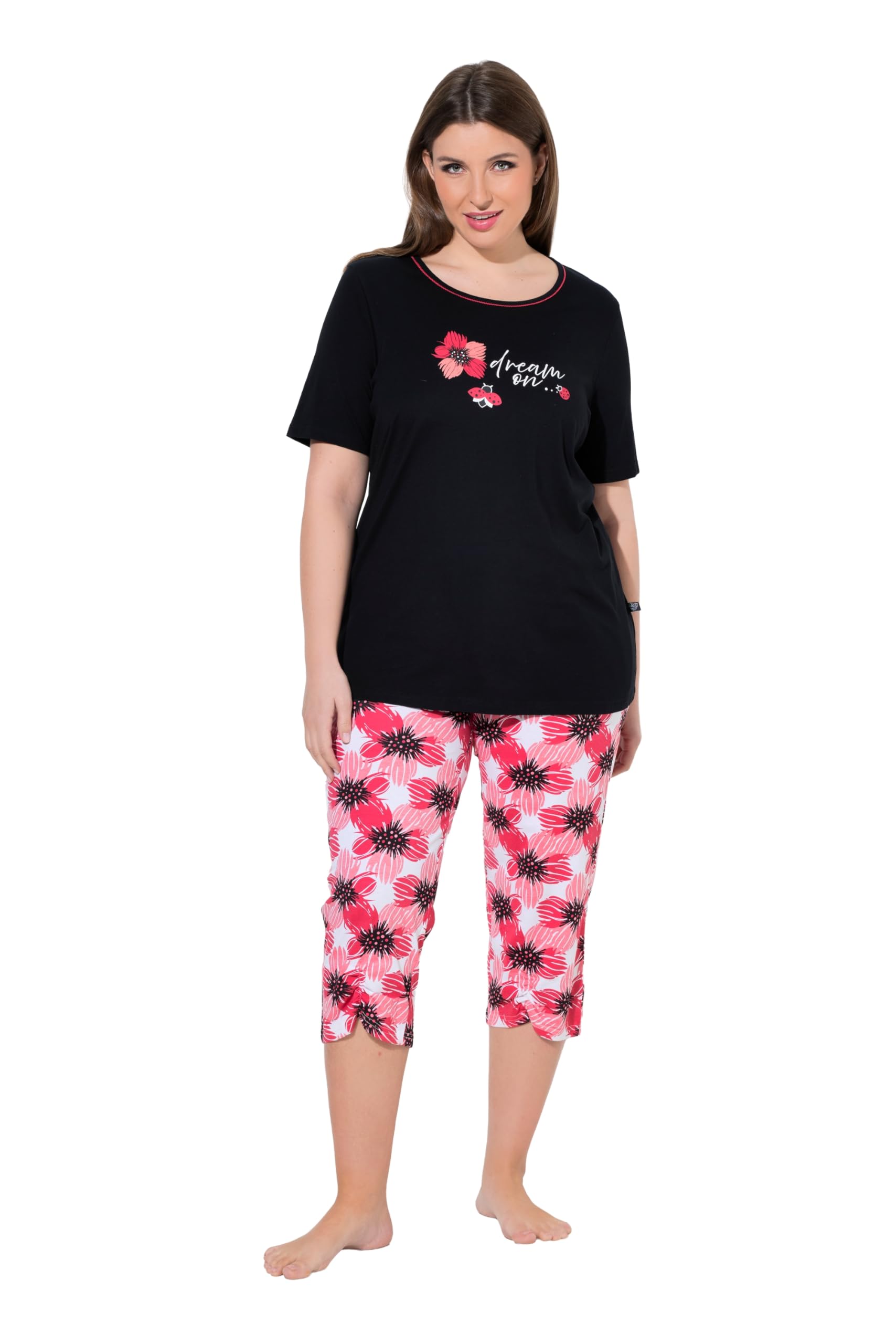 Ulla Popken Damen große Größen Übergrößen Plus Size Pyjama, Blüten, Rundhalsausschnitt, Halbarm 847187