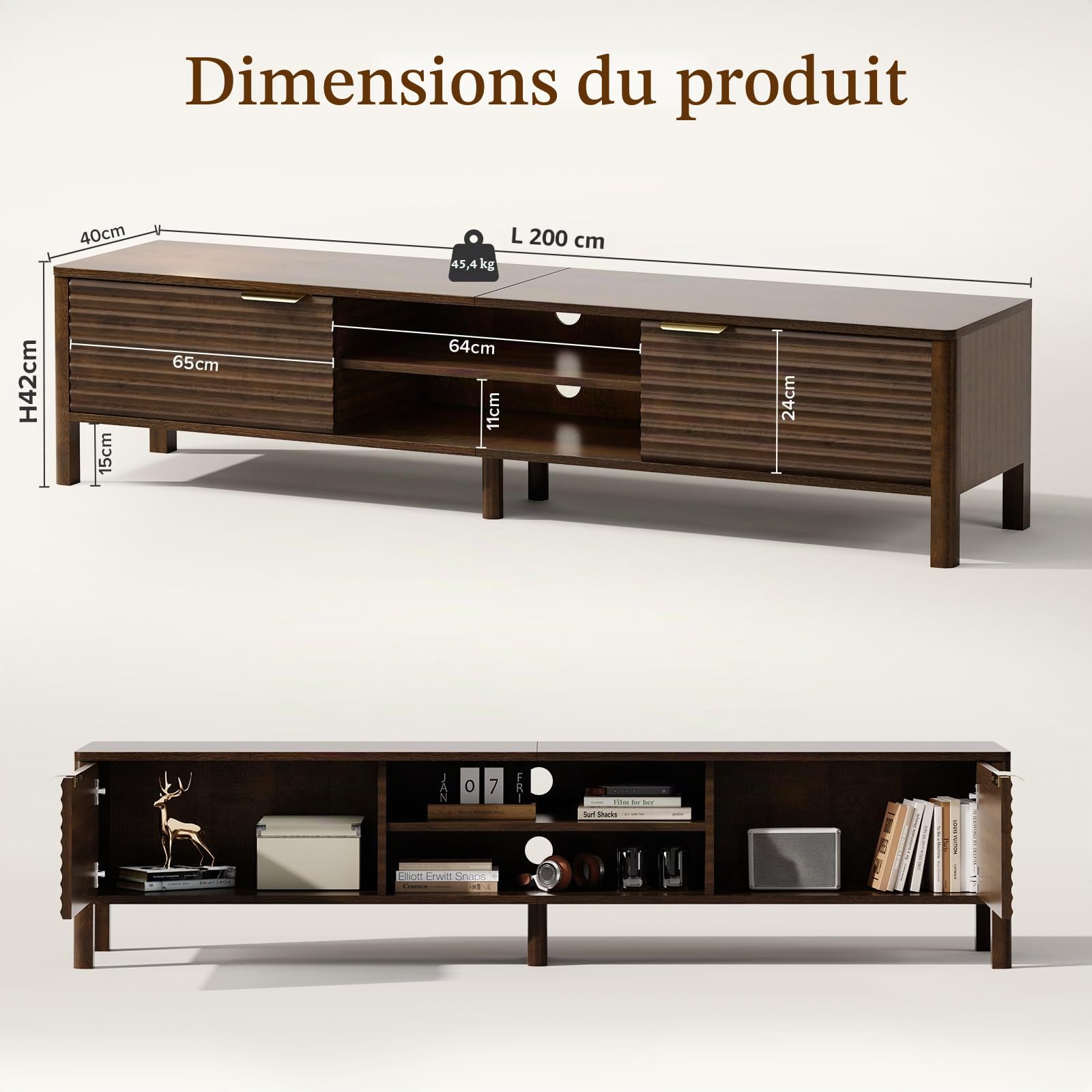 IKALIFE Meuble TV Bas Bois avec Rangement Marron 200 cm Longueur | Meuble TV avec 2 Portes, Meuble Tele pour Téléviseur jusqu'à 80 Pouces, Table TV Moderne, Meuble TV pour Salon et Chambre