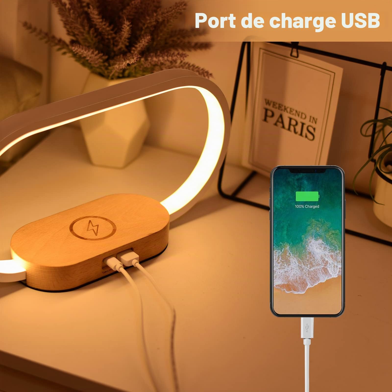 Lampe de Chevet Chargeur sans Fil 15W, Lampe Chevet Bois avec Horloge et Port USB, Lampe de Table Tactile Dimmable avec 3 Modes de Couleur pour Lecture Chambre Bureau, Bois&Blanc