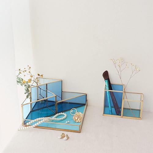 Miniatura 7 de FONDAZZA Organizador de escritorio decorativo de 4 compartimentos para suministros de oficina en casa, latón dorado con vidrio teñido azul, tela