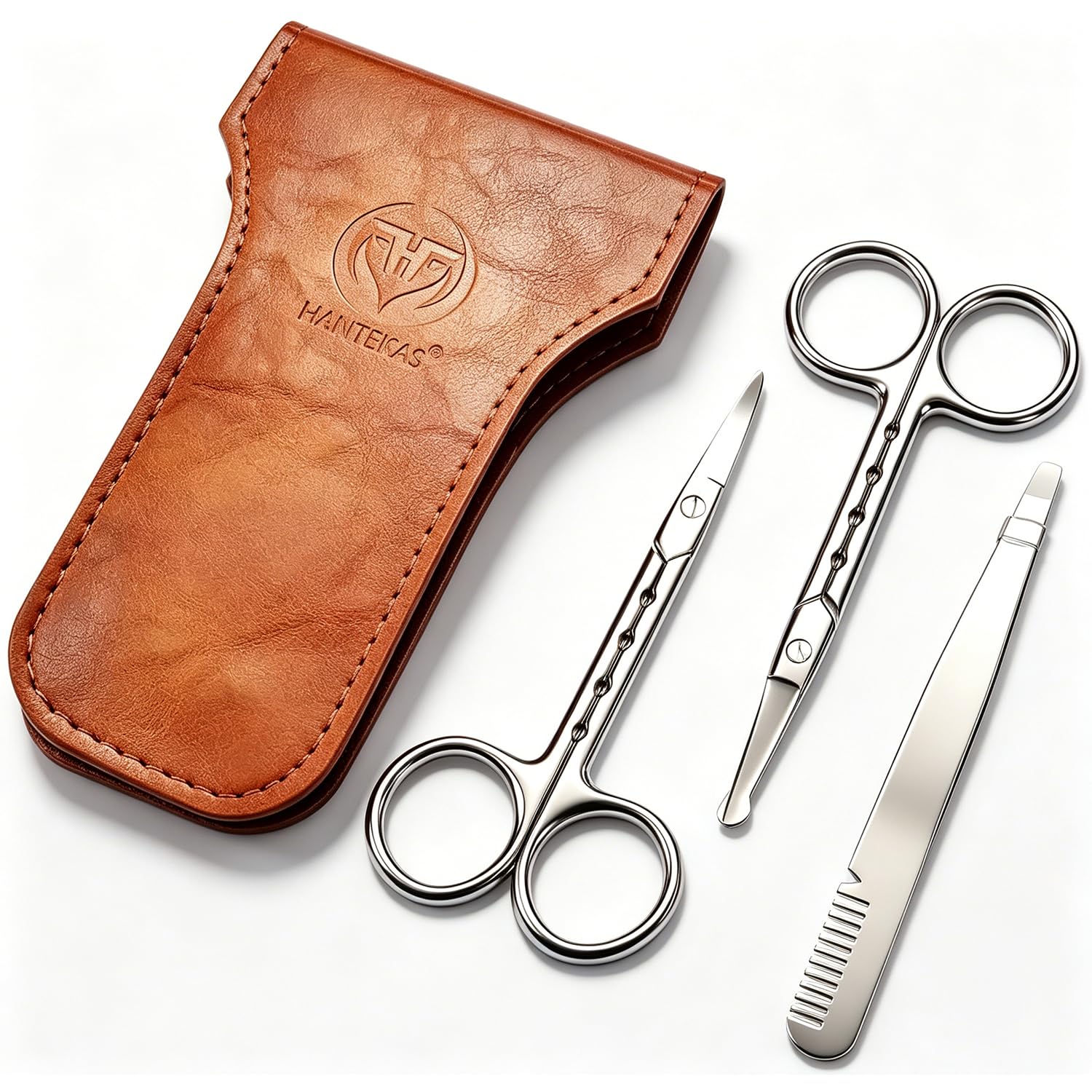 HANTEKAS Professional Stainless Steel Curved Rounded Facial Hair Scissors Tweezers Set For Men Moustache, Nose Hair, Beard Trimming Scissors,Safety Use for Eyebrows,Eyelashes,Ear Hair - PU Leather Bag