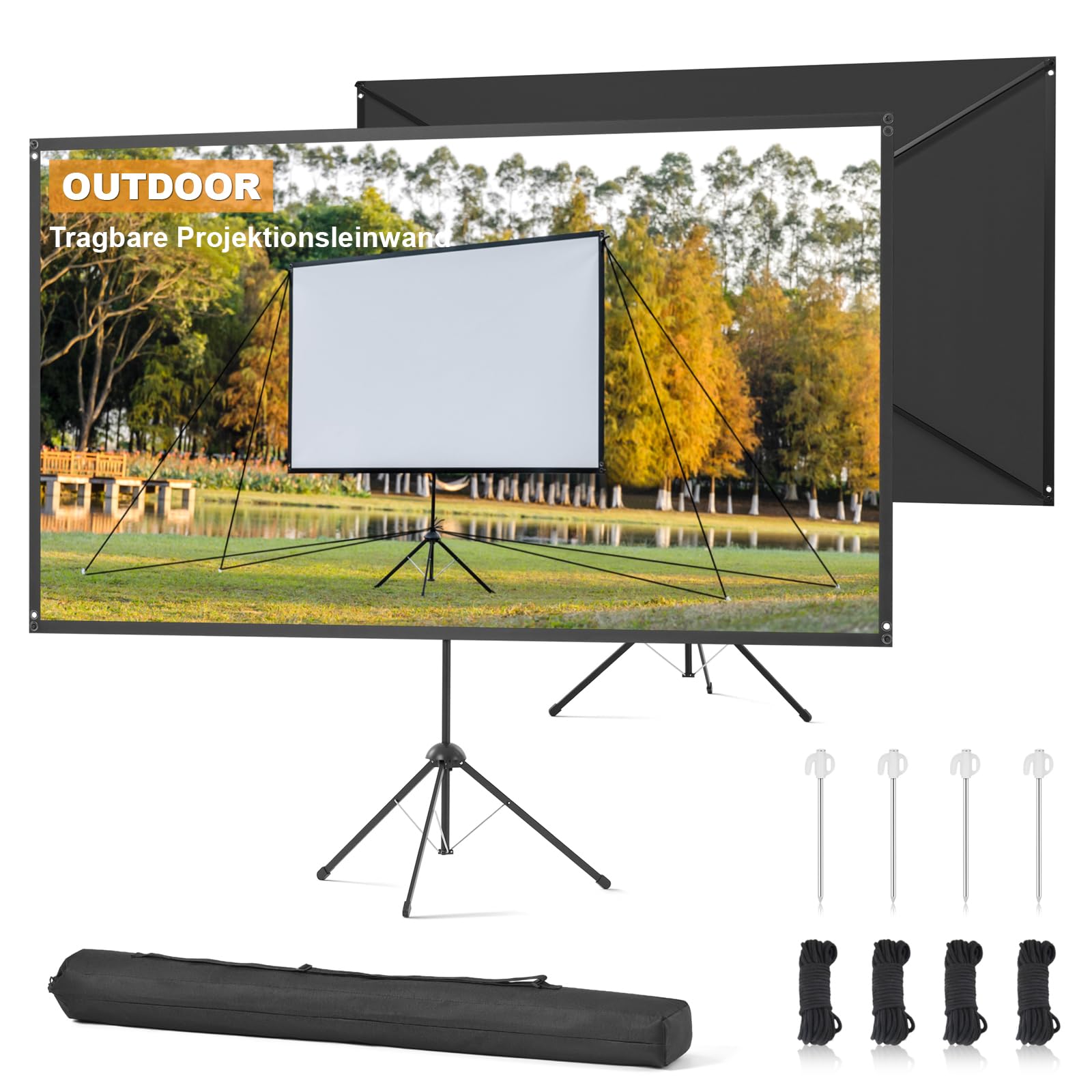 Beamer Leinwand Outdoor mit Stativ, 80 Zoll (16:9), Tragbare Beamer Leinwand, Windresistentes Design für Projektionsleinwand, inkl. Heringen & Seilen, Hohe Gainzahl, 4K Bild für Heimkino und Camping.