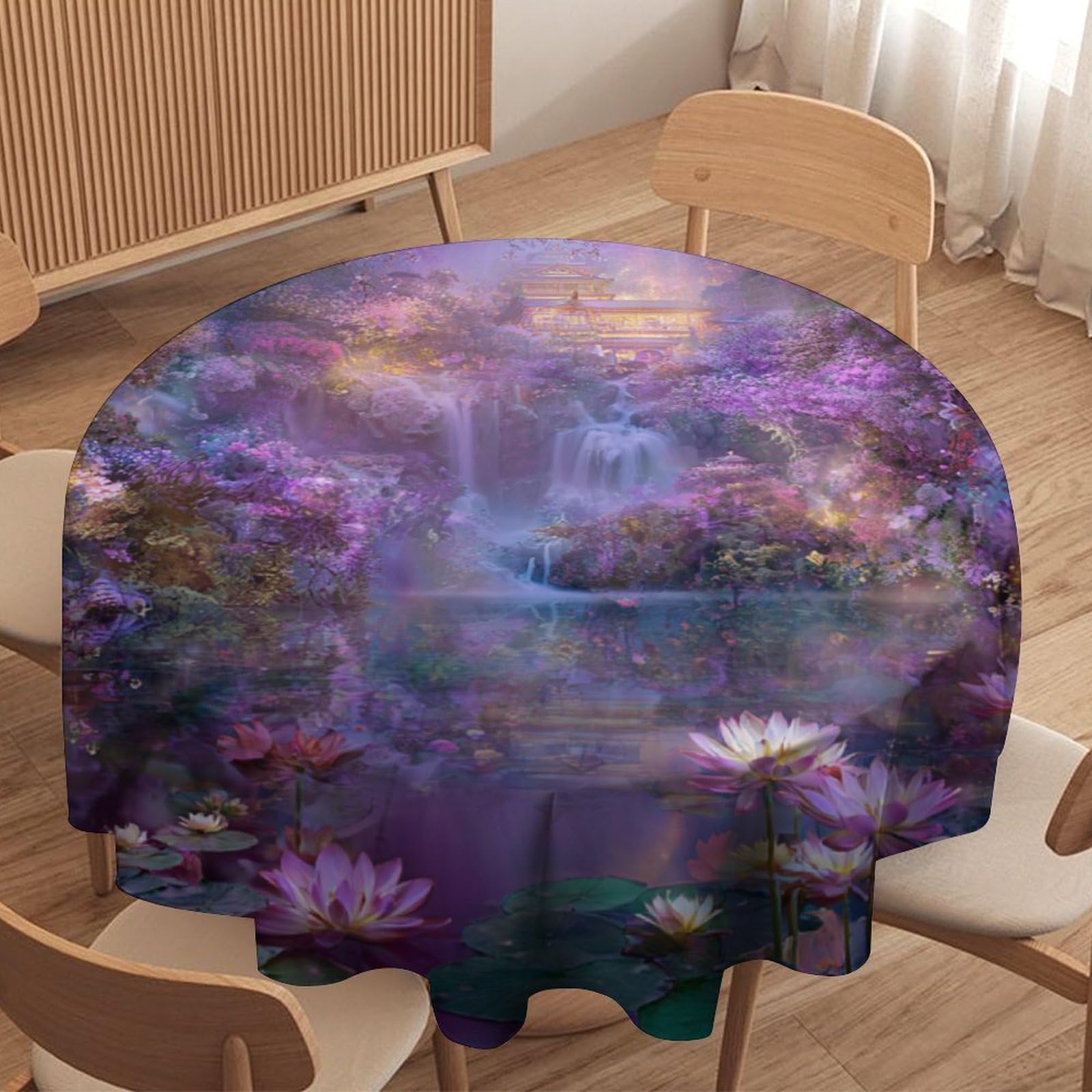 LUYYSKY Modern Abstract Cherry Blossom Round Tablecloth Japanese Oil Painting Spring Waterfall Lotus Floral Pattern Washable Decor for Table Cover for Kitchen-91.4" Wx91.4 L cm